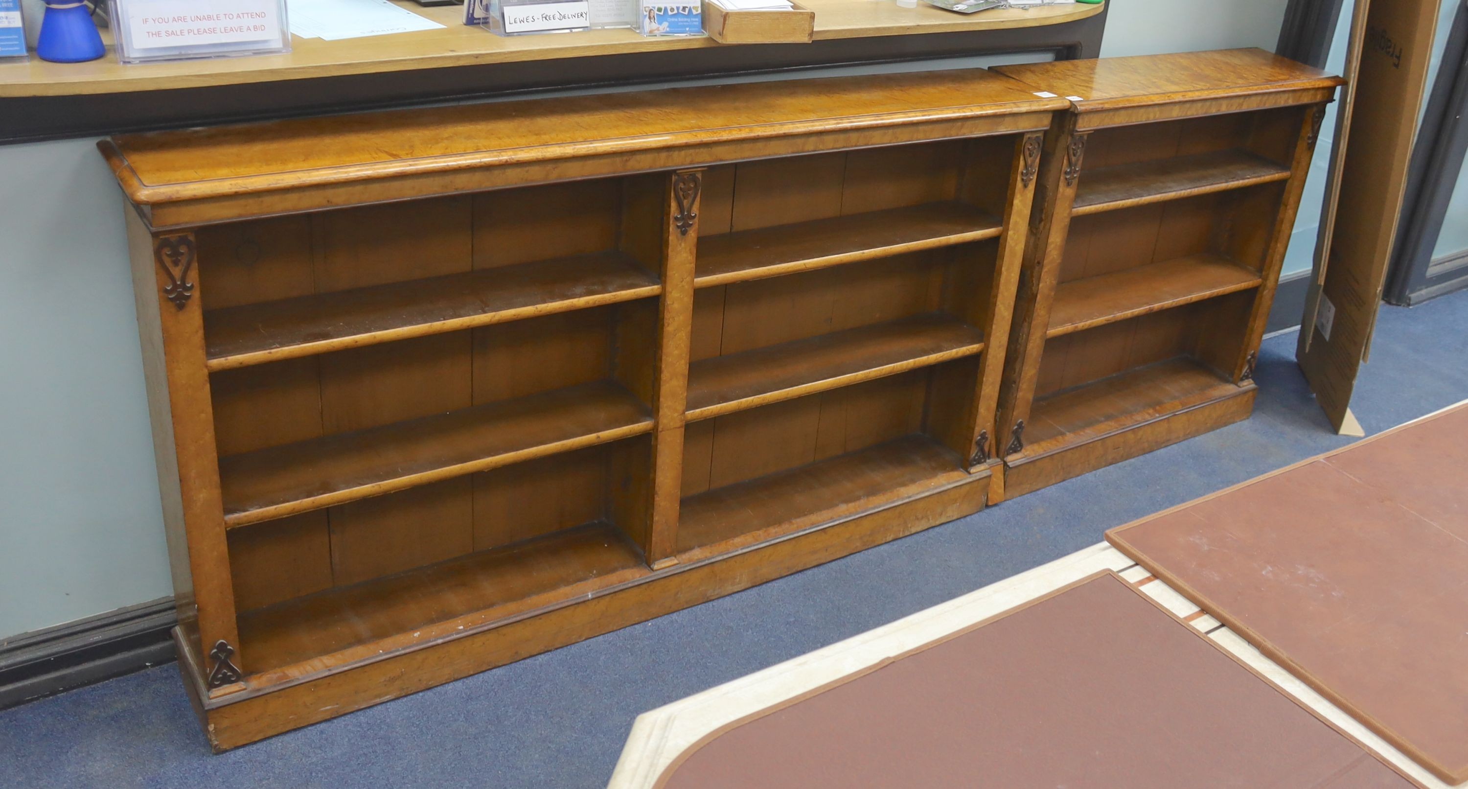 A Victorian two sectional (converted) bird's eye maple open bookcase, length 268cm, depth 27cm, height 94cm